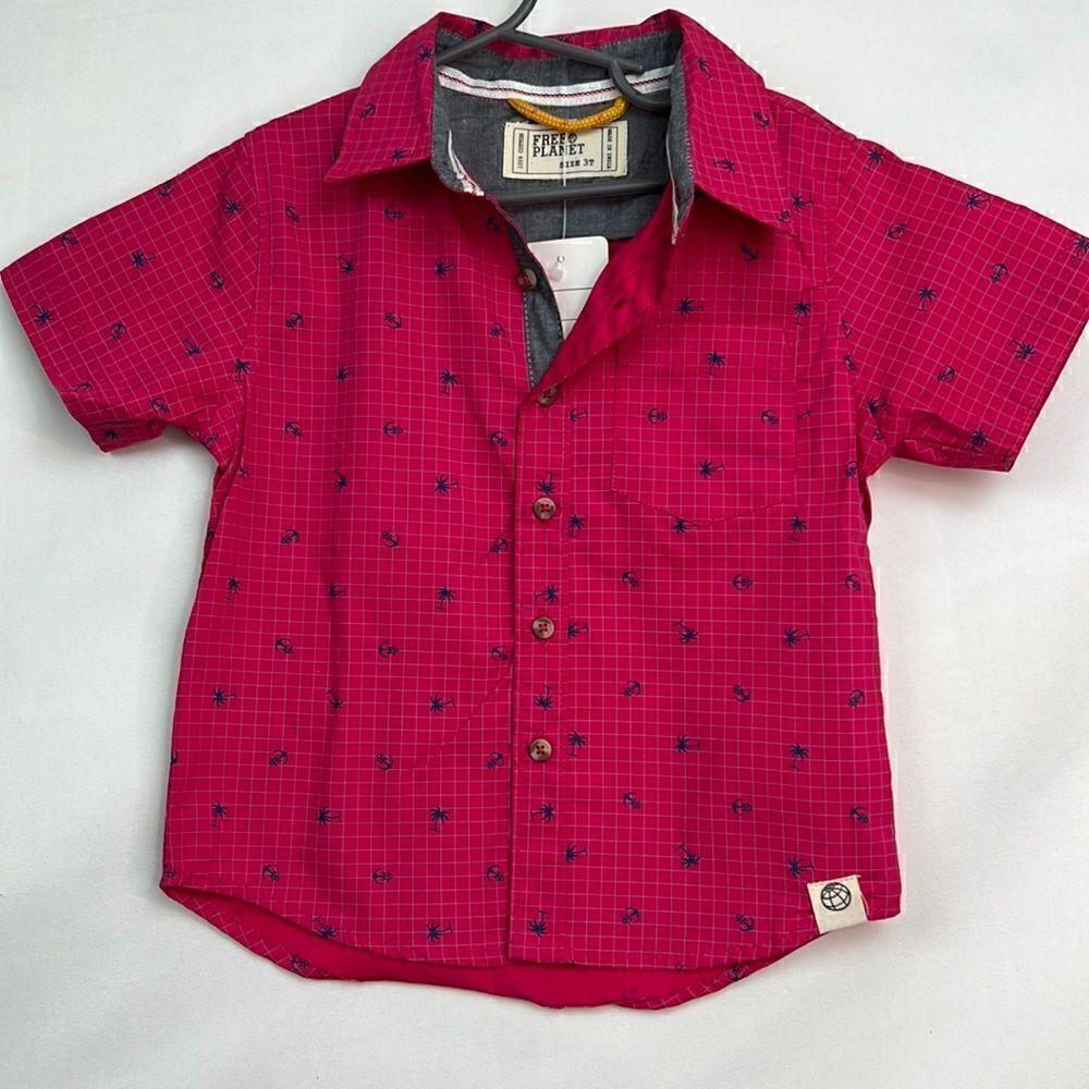 Free Planet Pink palm tree cotton short sleeve button front shirt